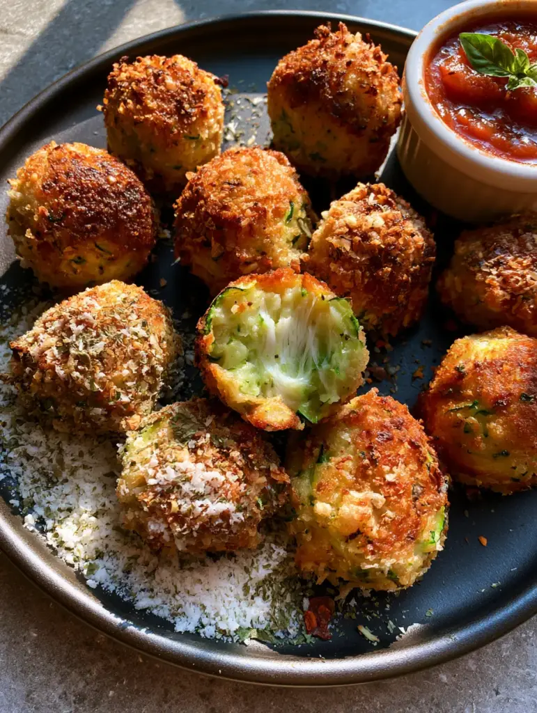 A halved Garlic Zucchini Ball revealing melted white mozzarella strings and a steaming tender interior.