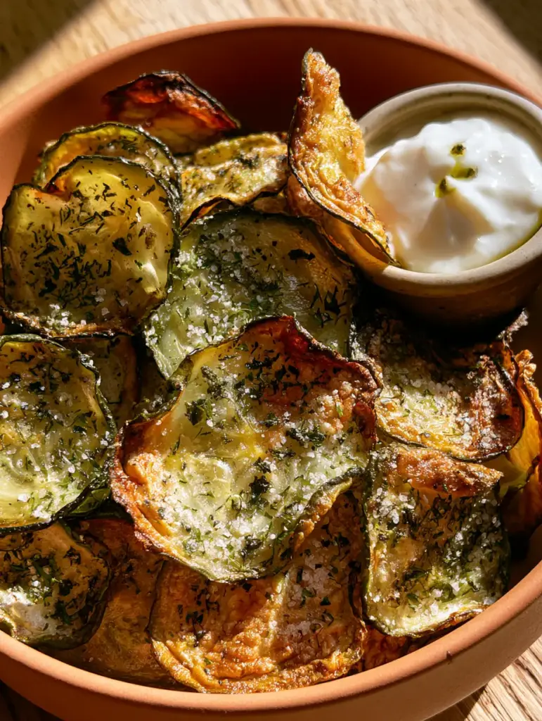 A pile of seasoned Ranch cucumber chips in a terracotta bowl on a light oak table with a side of ranch dip.