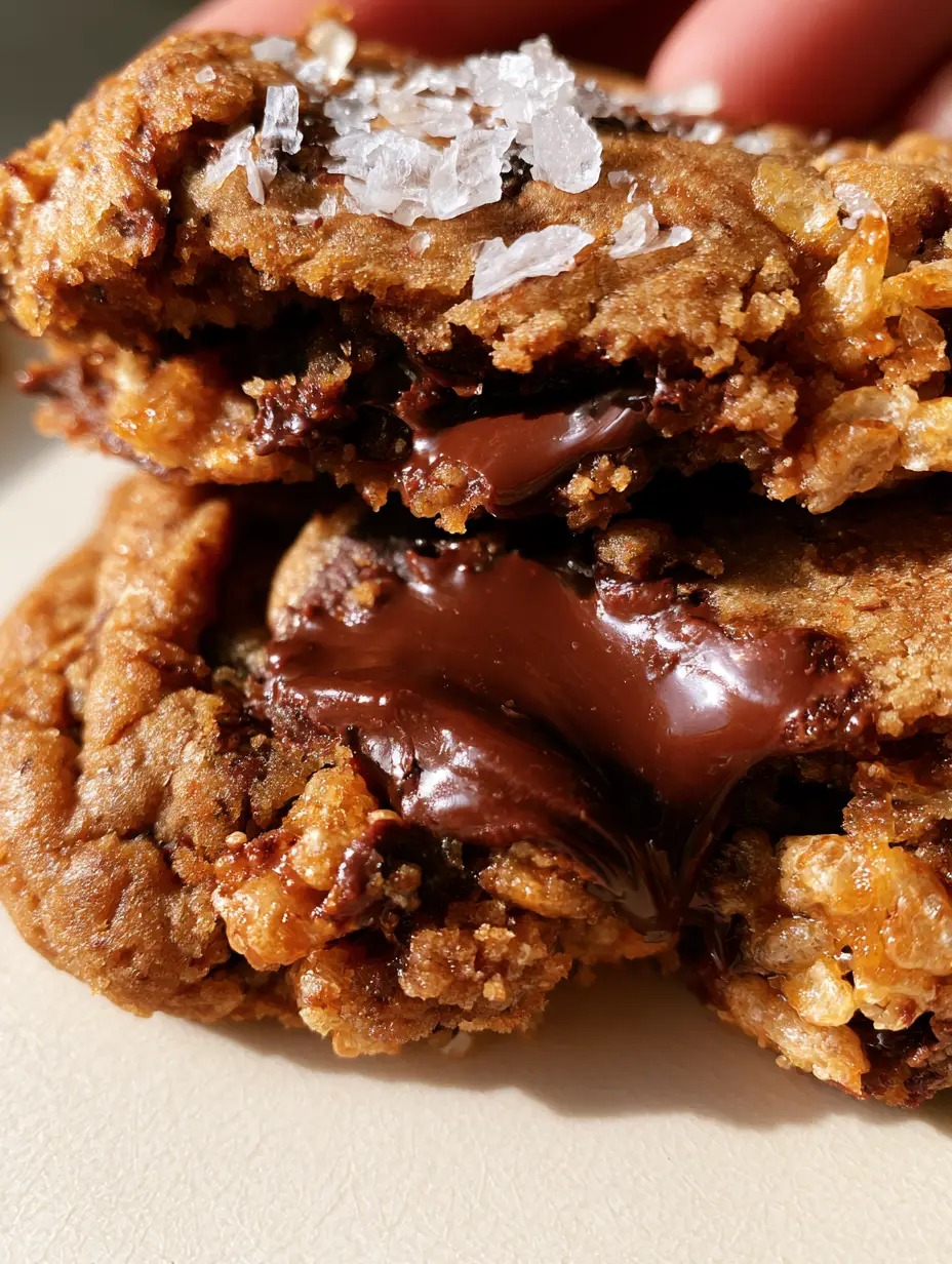 Macro view of a warm Rice Krispie Chocolate Chip Cookie with deep golden-brown dough and Maldon salt flakes. (Rice Krispie Chocolate Chip Cookies)