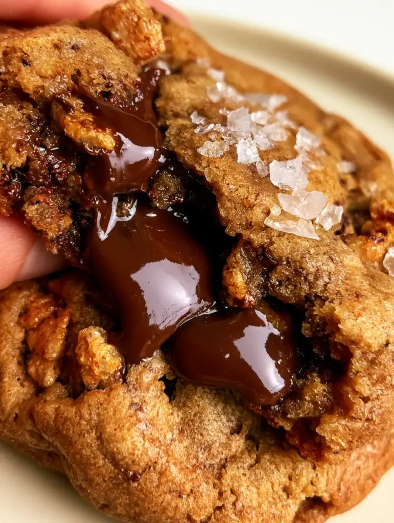 Close up of pools of molten dark chocolate oozing from a freshly baked Rice Krispie Chocolate Chip Cookie.