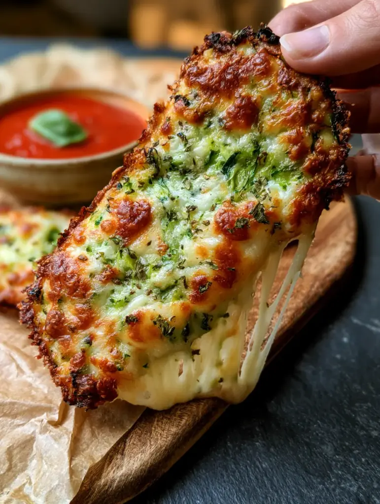 Cheesy Zucchini Breadsticks: The Ultimate Crispy, Low-Carb Snack 1 Cheesy Zucchini Breadsticks on parchment paper with a side of red marinara sauce and a basil leaf.