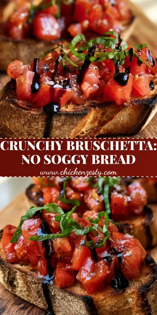 Three artisanal tomato bruschettas on a wooden board with balsamic glaze and basil chiffonade. (Bruschetta recipe)