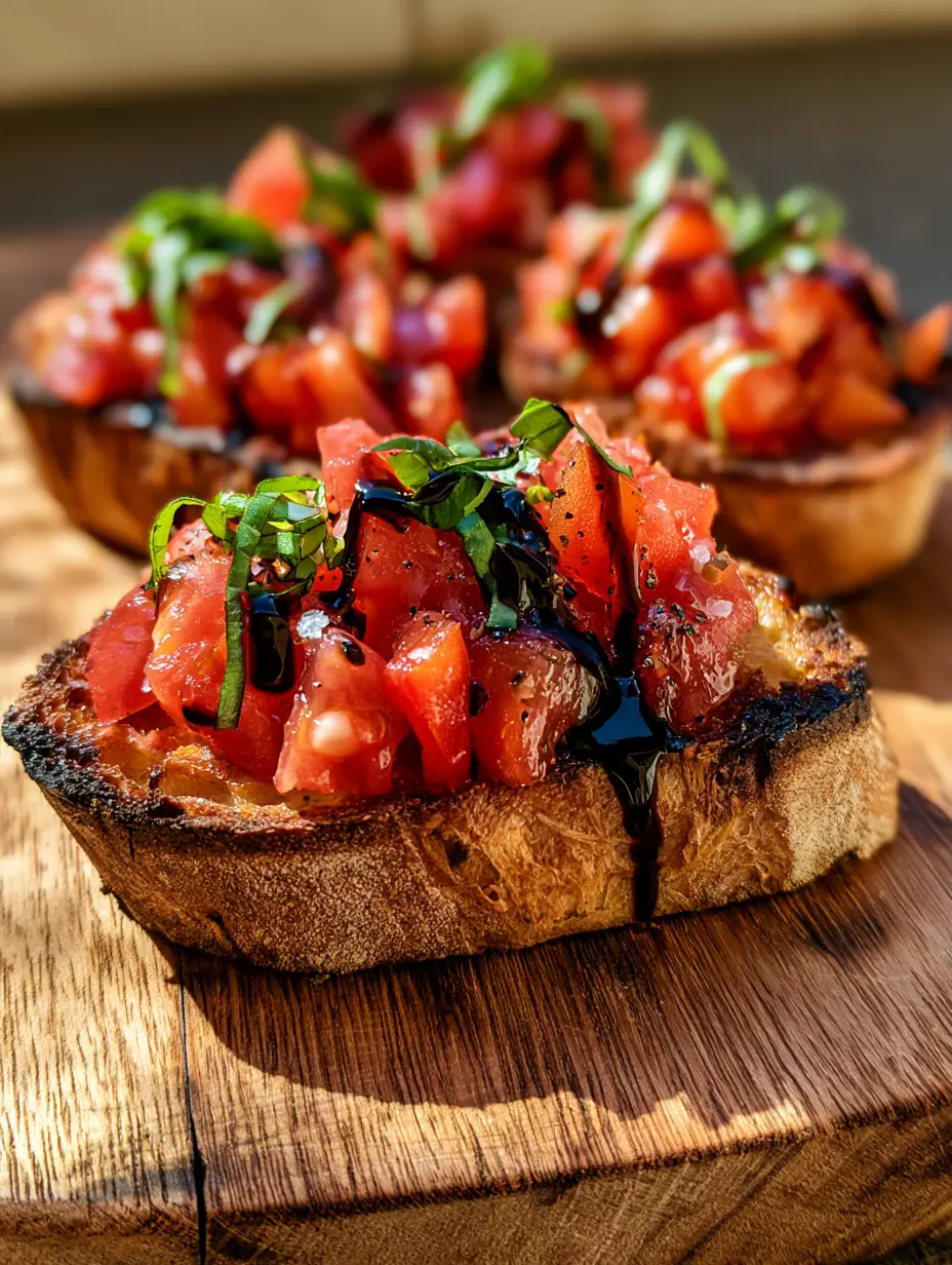 Close-up of thick-cut sourdough bread with charred edges and glistening red heirloom tomatoes. (Bruschetta recipe)