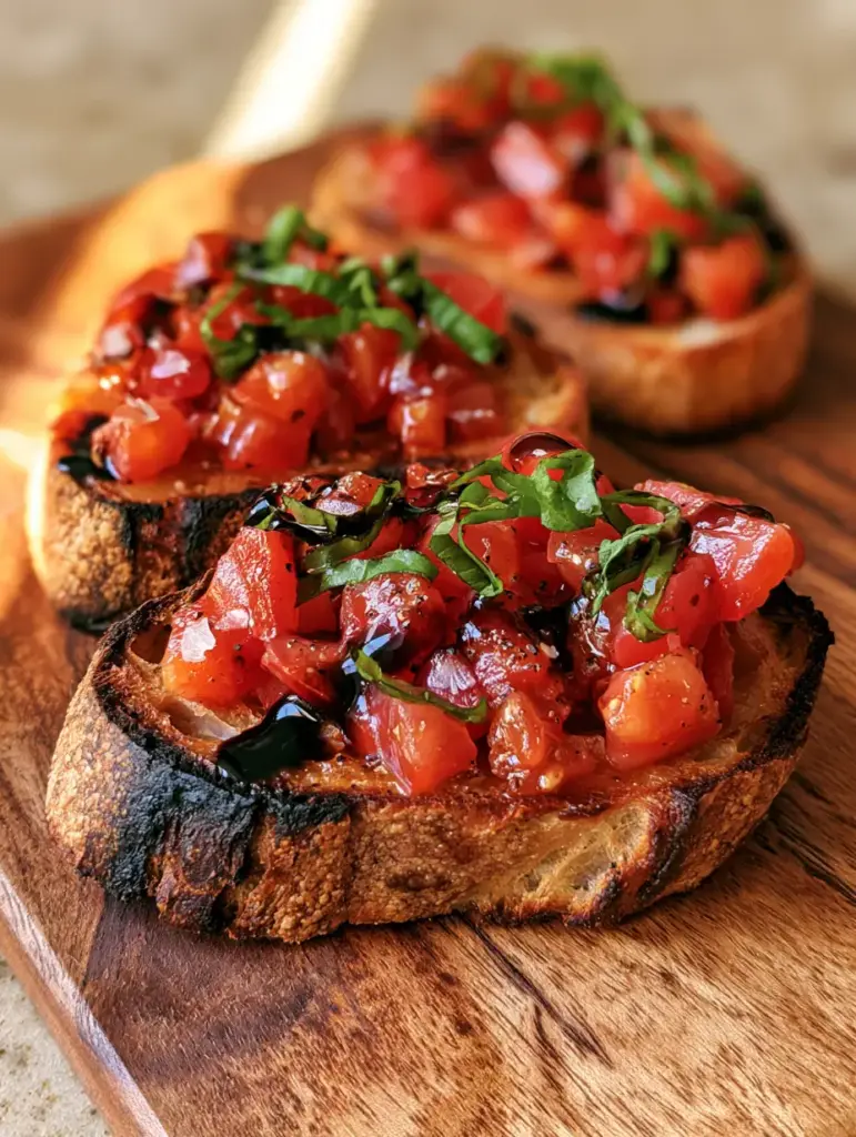 Top-down view of tomato bruschetta showing zig-zag balsamic glaze and Maldon salt flakes. (Bruschetta recipe)