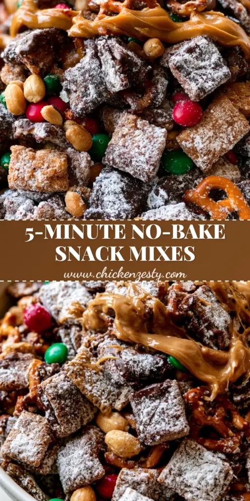 no-bake snack mix recipes: The Ultimate Gourmet Sweet and Salty Crunch 3 A large white bowl filled with gourmet no-bake snack mix featuring chocolate cereal, powdered sugar, pretzels, and red and green candies. (no-bake snack mix recipes)