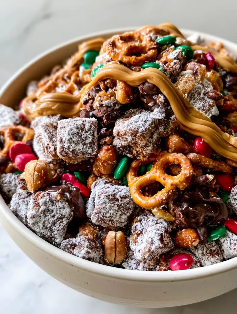 no-bake snack mix recipes: The Ultimate Gourmet Sweet and Salty Crunch 2 Close-up of chocolate cereal squares with a thick coating of powdered sugar and glossy peanut butter drizzle. (no-bake snack mix recipes)
