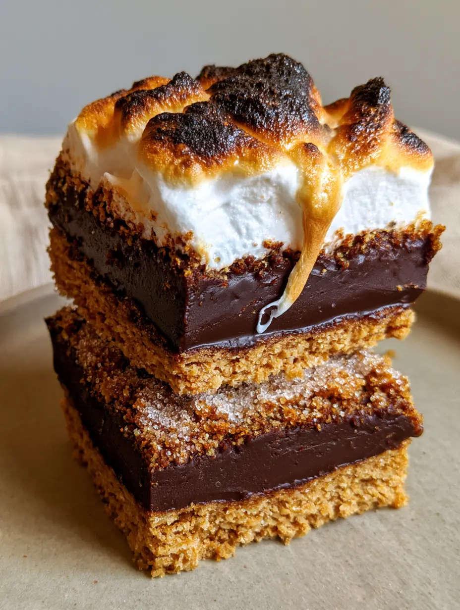 S'more Bars with Toasted Marshmallow Fluff and Dark Chocolate Ganache 4 Macro side view of S'more Bars showing a sharp 0.5-inch dark chocolate ganache layer and golden crust. (S'more Bars)