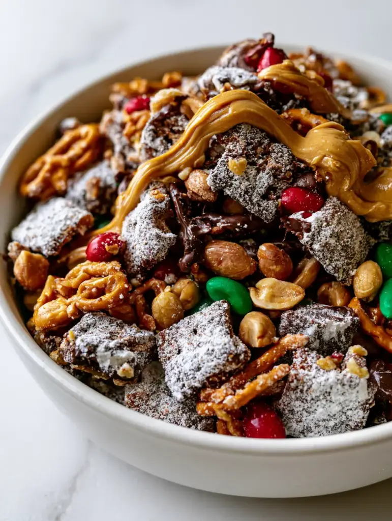 no-bake snack mix recipes: The Ultimate Gourmet Sweet and Salty Crunch 1 A rustic white bowl of snack mix on a marble background with soft natural lighting.