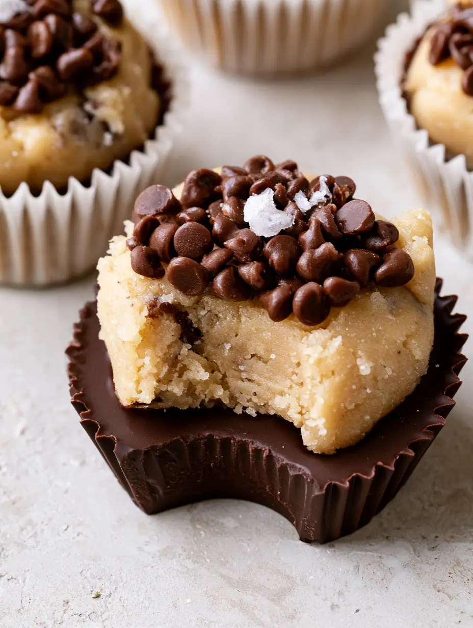 Macro top-down photo of Chocolate Chip Cookie Dough Cups showing the thick dark chocolate shell and buttery dough center with mini chips.