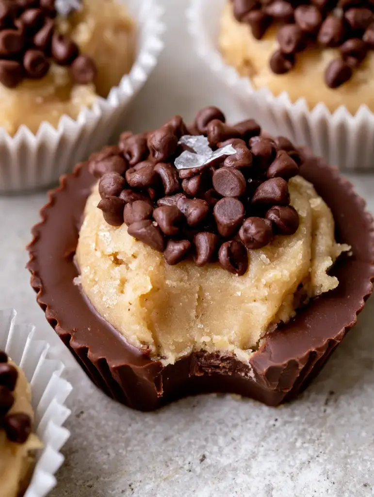 Close up of Chocolate Chip Cookie Dough Cups on a grey stone background with natural lighting.