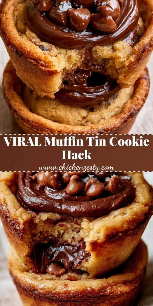 A stack of two golden-brown chocolate chip cookie cups filled with glossy dark chocolate ganache and sea salt on a rustic linen.