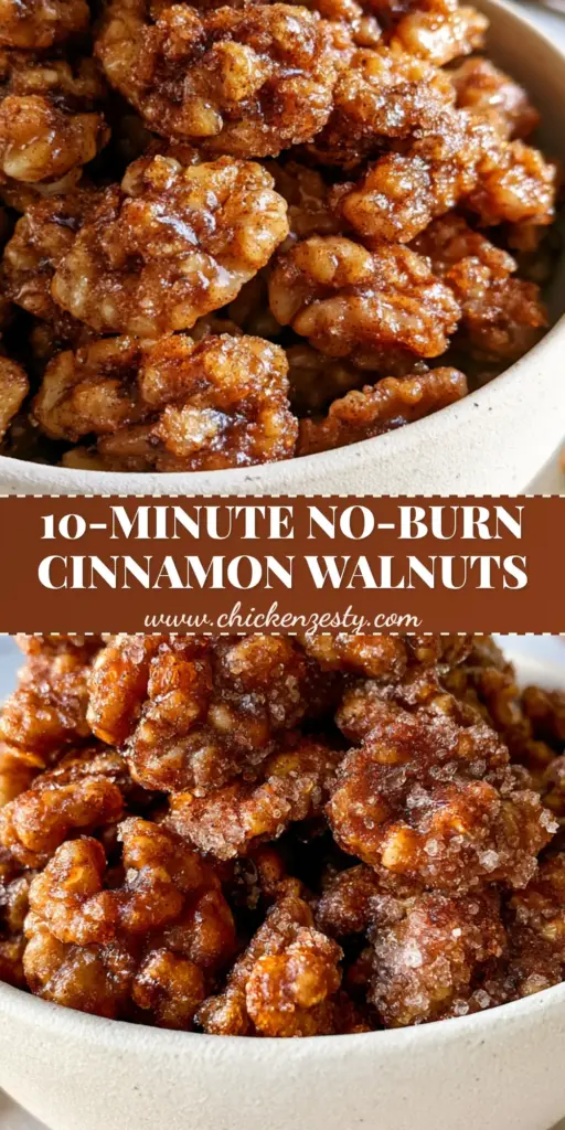 A close-up of a rustic ceramic bowl filled with cinnamon walnuts featuring a thick crystallized amber sugar coating and honey glaze.