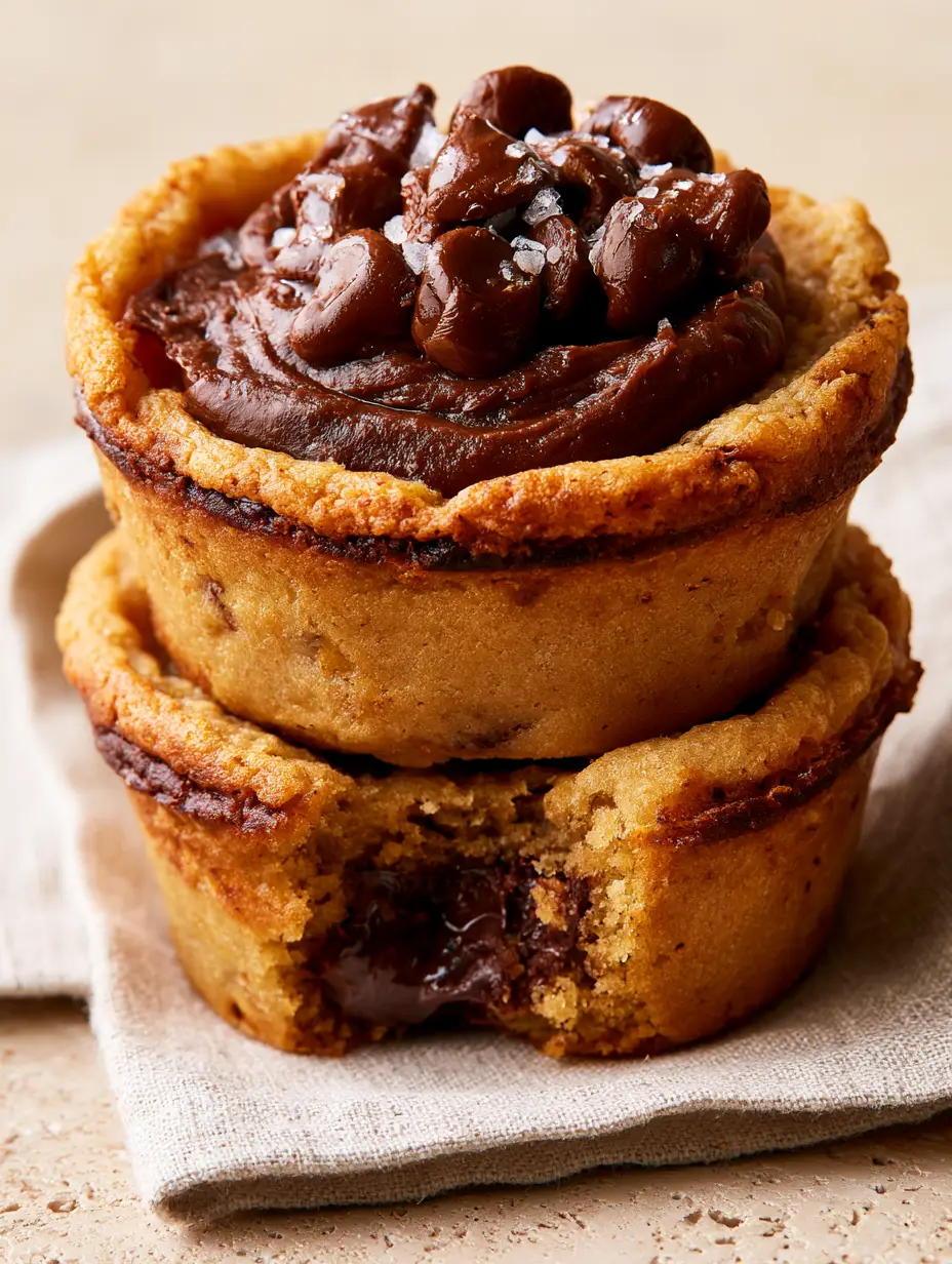 Close up of chocolate chip cookie cups showing the caramelized edges and glistening chocolate chips.