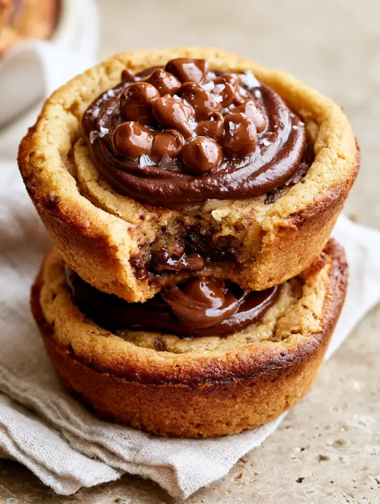 A bite taken out of a chocolate chip cookie cup revealing a soft crumb and gooey chocolate interior.
