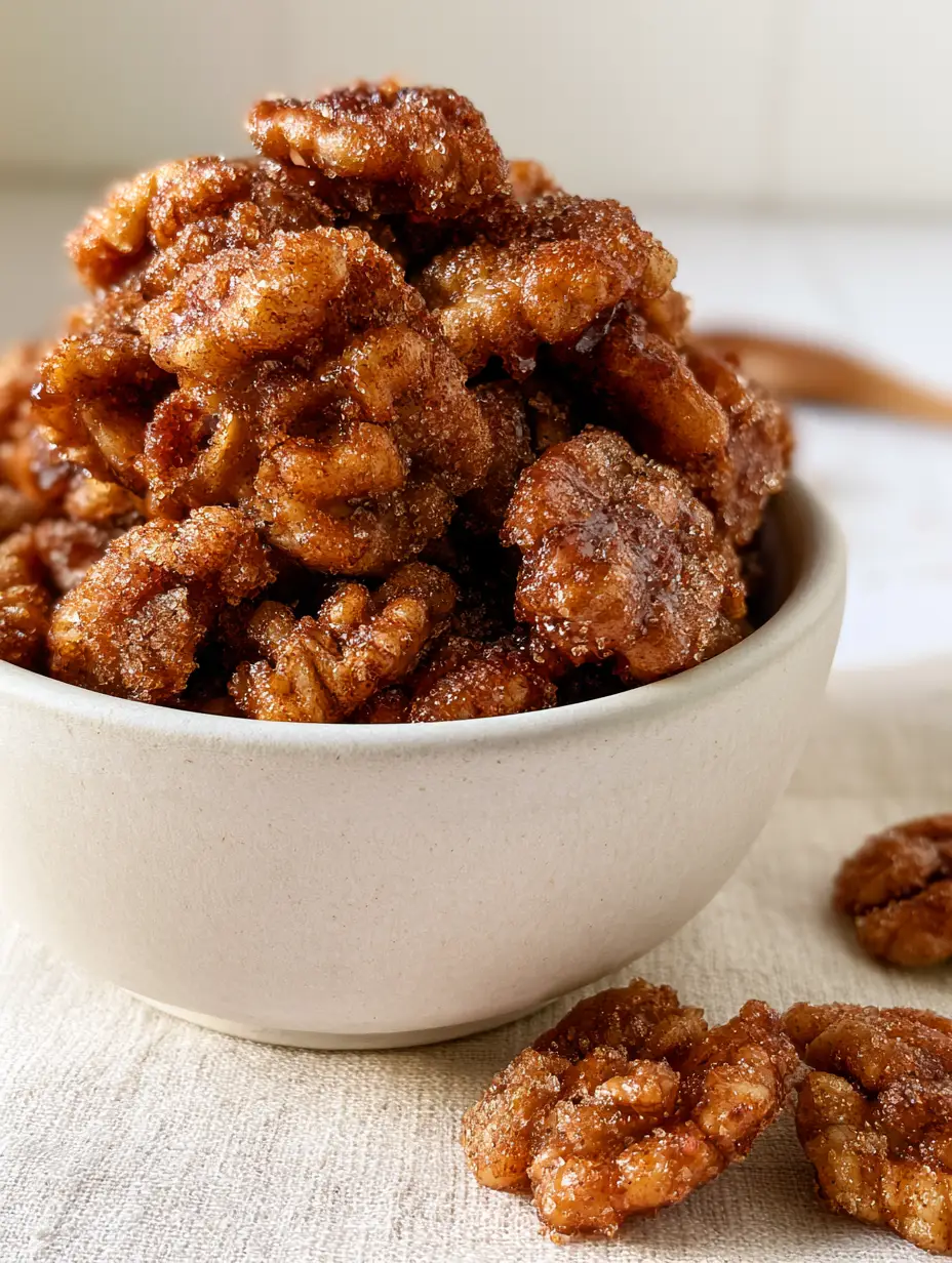 Smartphone photo of cinnamon walnuts piled in a matte white bowl on a linen surface.