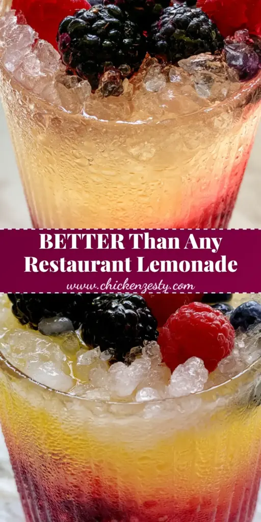A tall ribbed glass of Triple Berry Lemonade with deep magenta ombre layers, crushed ice, and fresh berries on a marble surface.