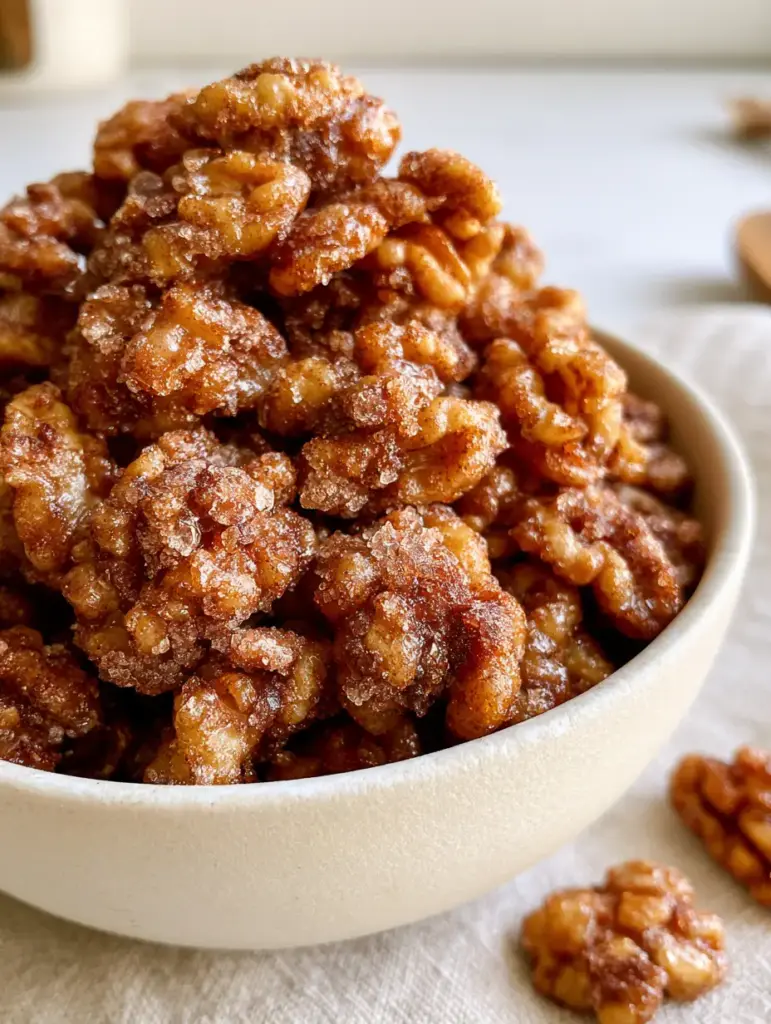 Detailed view of the crunchy bumpy texture of cinnamon walnuts with amber sugar crystals.