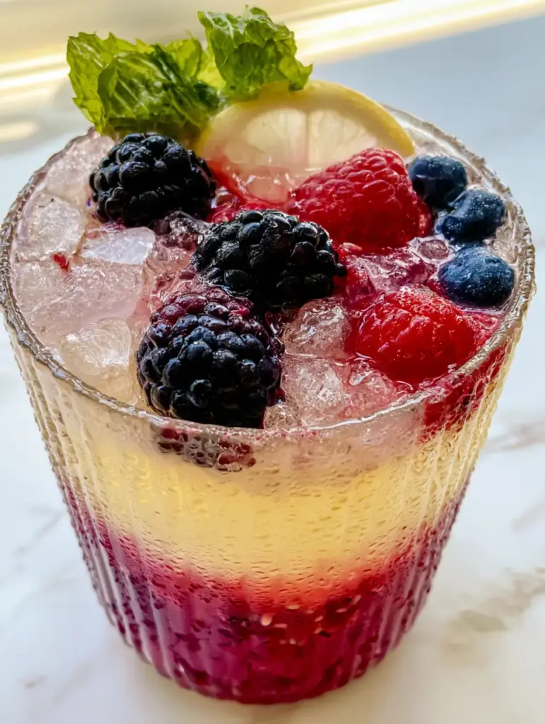 Extreme close-up of a ribbed glass with heavy condensation and a magenta berry reduction at the bottom. (Triple Berry Lemonade)