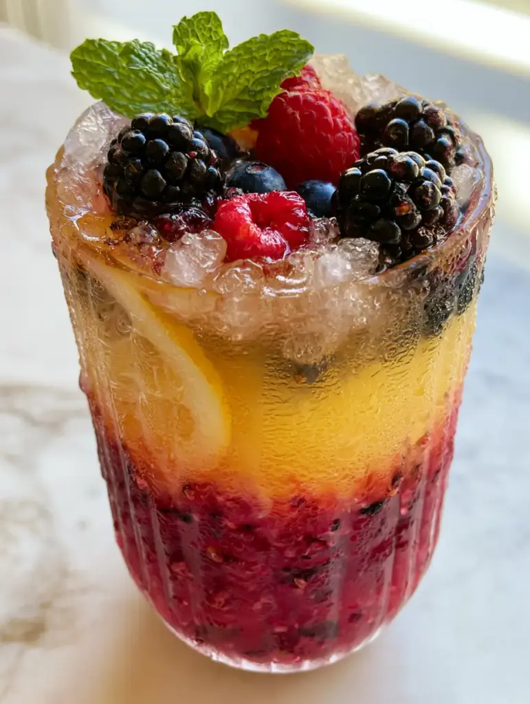 High angle shot showing the yellow lemonade swirling into the magenta berry base with pebble ice and mint. (Triple Berry Lemonade)