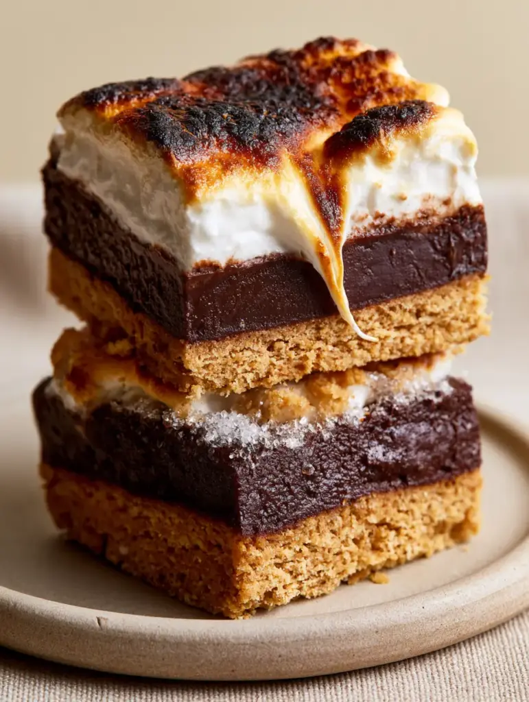S'more Bars with Toasted Marshmallow Fluff and Dark Chocolate Ganache 1 Extreme close up of toasted marshmallow peaks on S'more Bars with honey drizzle and salt flakes.
