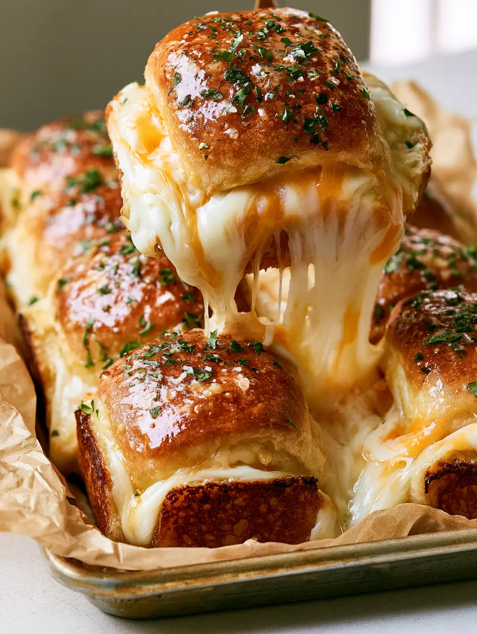 A tray of pull-apart Hawaiian roll grilled cheese sliders on a baking sheet with parchment paper, glistening with garlic butter. (Hawaiian roll grilled cheese)