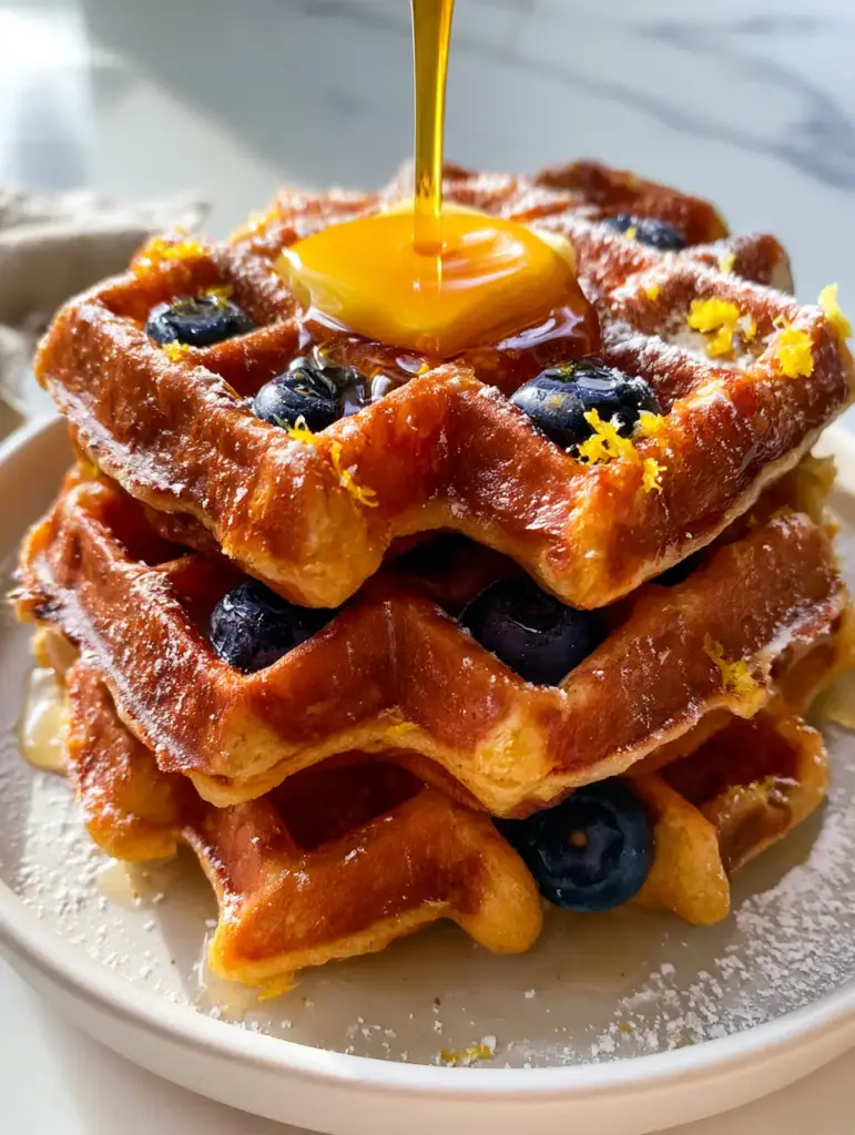 Blueberry Waffles with Crispy Golden Ridges and Lemon Zest 1 A stack of thick waffles with amber maple syrup mid-pour and fine powdered sugar coating the crispy ridges. (blueberry waffles)