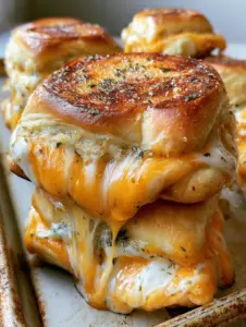A batch of golden-brown Mini Grilled Cheese Hawaiian Rolls with visible parsley specks and melted cheese pulls.