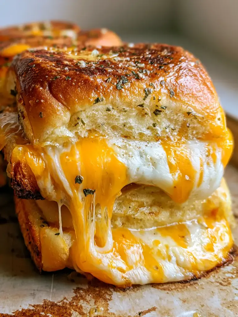 Handheld photo showing the soft texture and steam rising from Mini Grilled Cheese Hawaiian Rolls.