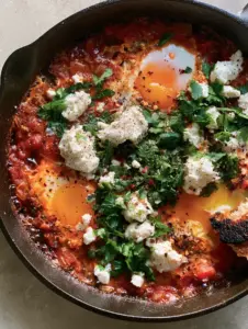 Close-up of bubbling shakshuka recipe sauce with softened red bell peppers and herbs. (shakshuka recipe)