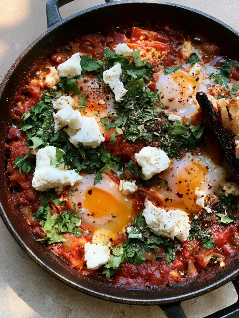 Shakshuka Recipe: The Ultimate Mediterranean Skillet Poached Eggs 1 Liquid golden yolk breaking into a shakshuka recipe skillet with charred sourdough.