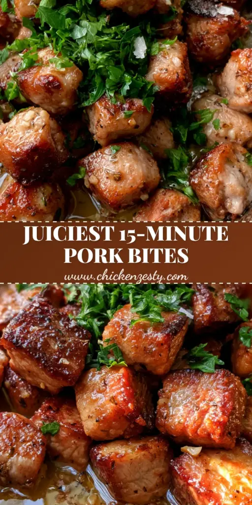 A top-down view of the Garlic Butter Pork Bites recipe in a cast iron skillet, showing glistening cubes of meat with golden-brown crusts and green parsley. (Garlic Butter Pork Bites recipe)