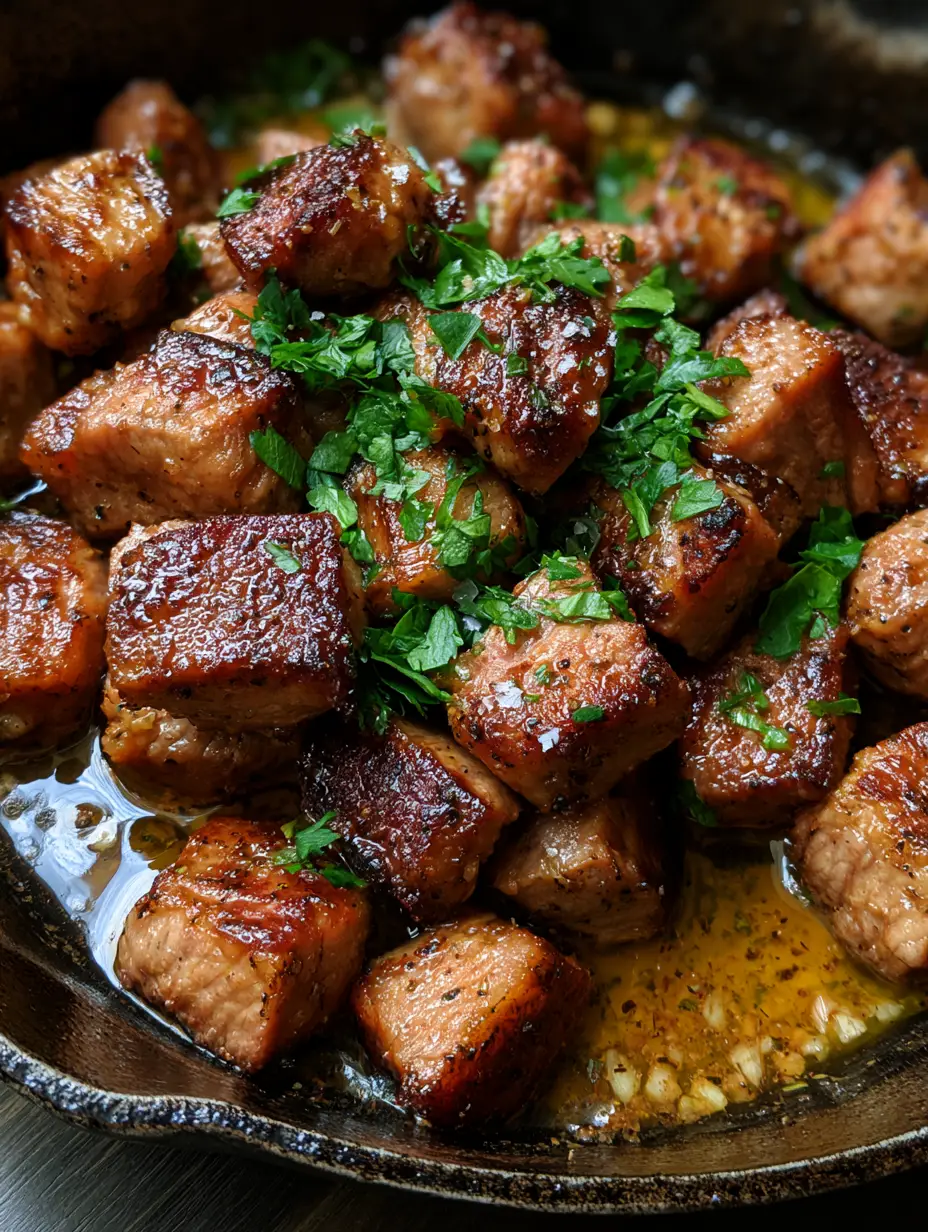 Close-up of seared pork loin cubes glistening with melted butter and sautéed garlic bits in a rustic black skillet. (Garlic Butter Pork Bites recipe)