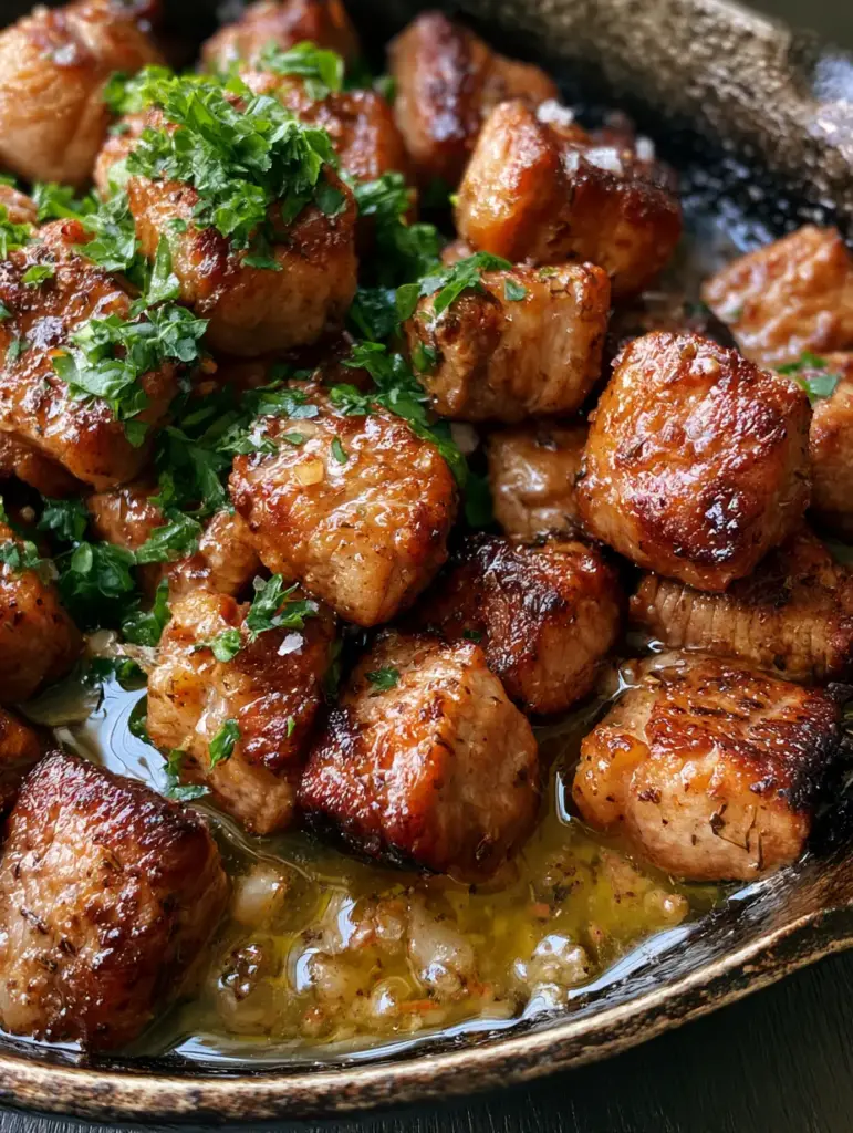 A handheld smartphone photo showing the succulent texture of garlic butter pork bites with fresh parsley garnish.