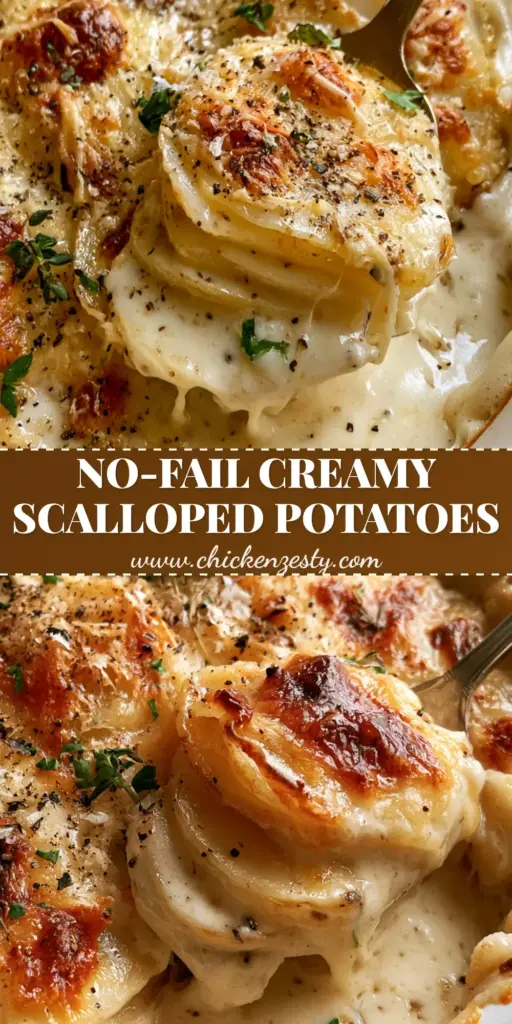A close-up shot of vertically stacked potatoes in a white ceramic dish with a bubbling creamy sauce and toasted cheese crust. (creamy potatoes recipe)