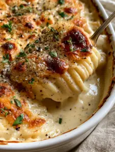 High angle shot showing the tight vertical rows and crispy cheese lace of the creamy potatoes recipe.
