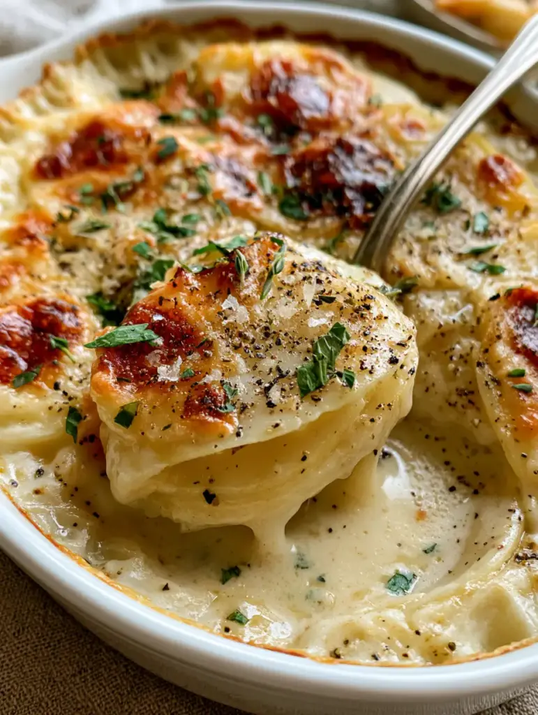A silver spoon lifting a portion of cheesy potatoes, revealing the velvety garlic cream sauce. (creamy potatoes recipe)