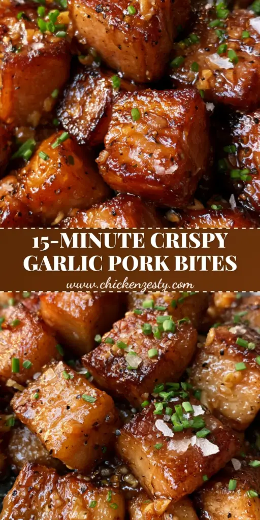 A close-up shot of golden-brown garlic pork bites in a cast iron skillet, garnished with chives and flaky sea salt.