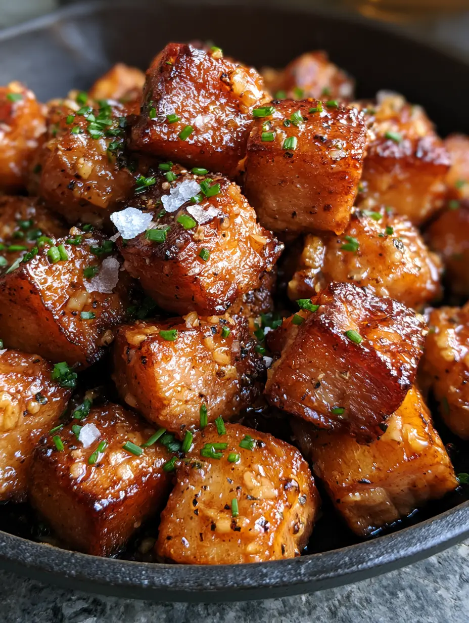 Extreme close-up of seared pork loin cubes with visible garlic bits and chives. (garlic pork bites)