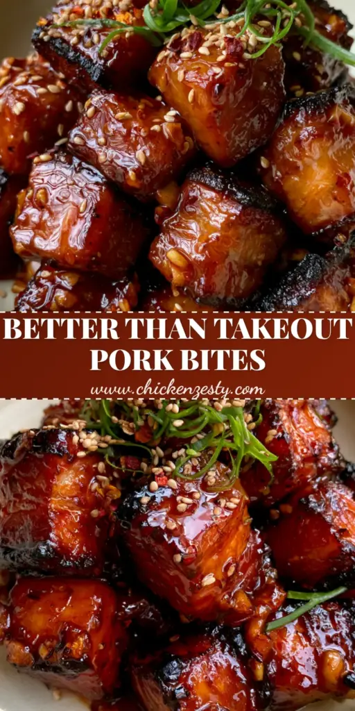 A close-up shot of spicy sweet chili garlic pork bites piled high in a matte ceramic bowl, showing sticky reflective glaze and sesame seeds.
