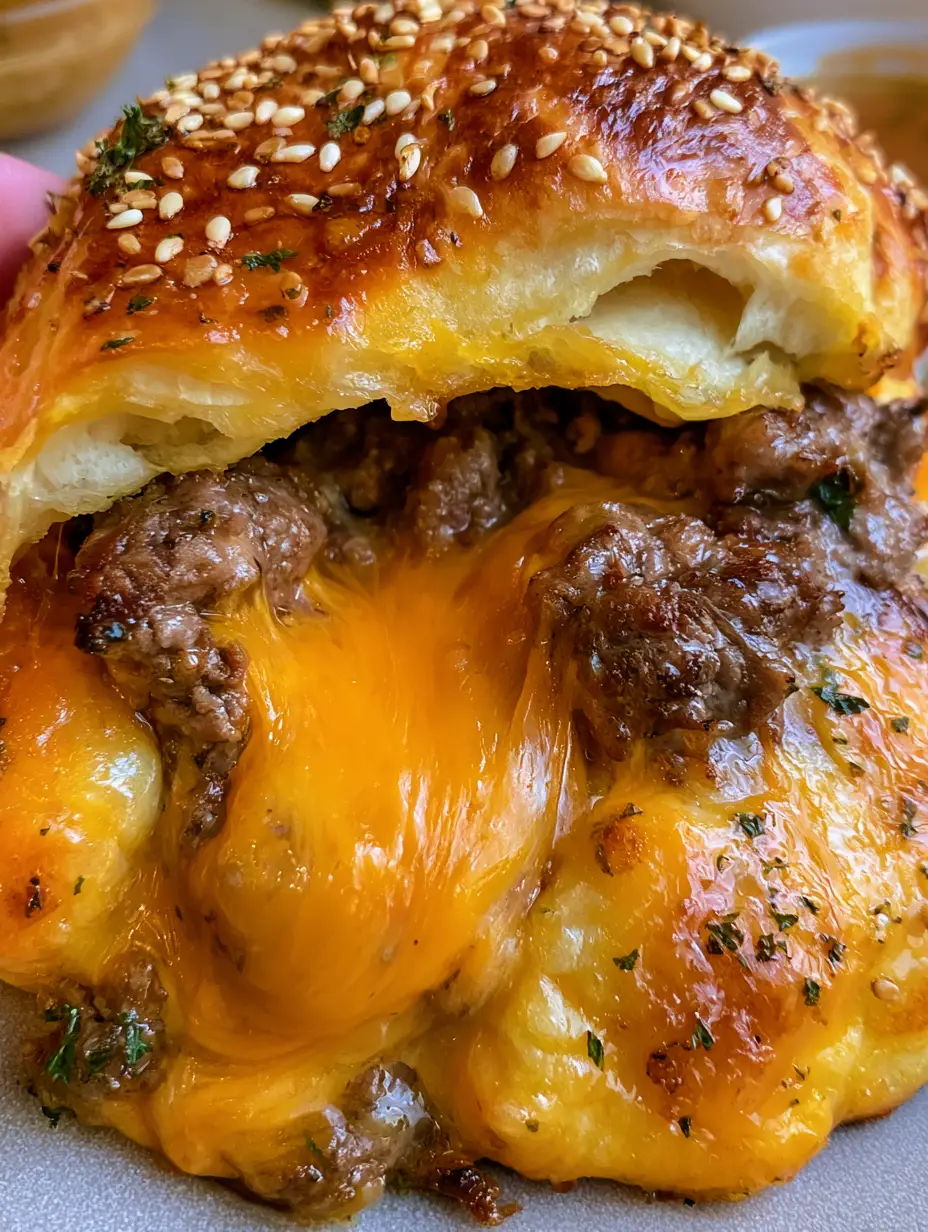 Cheeseburger Bombs with Gooey Cheddar and Garlic Butter Glaze 3 A handheld smartphone photo of a golden-brown Cheeseburger Bomb with a viscous cheese stretch and sesame seed crust.