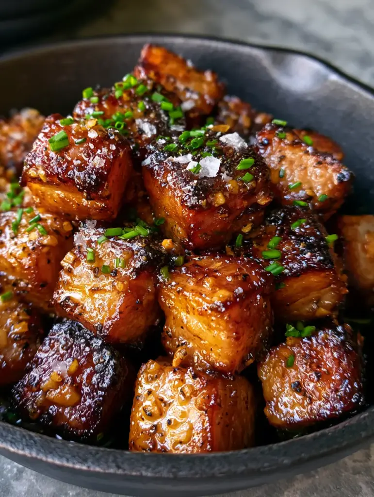Handheld smartphone photo of juicy pork bites in a matte black cast iron pan.