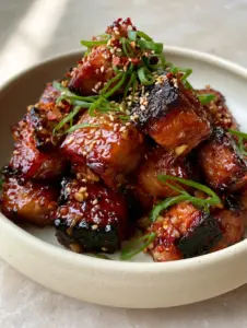 Smartphone photo of bite-sized spicy sweet chili garlic pork bites with crispy charred edges and a thick amber-red glaze.