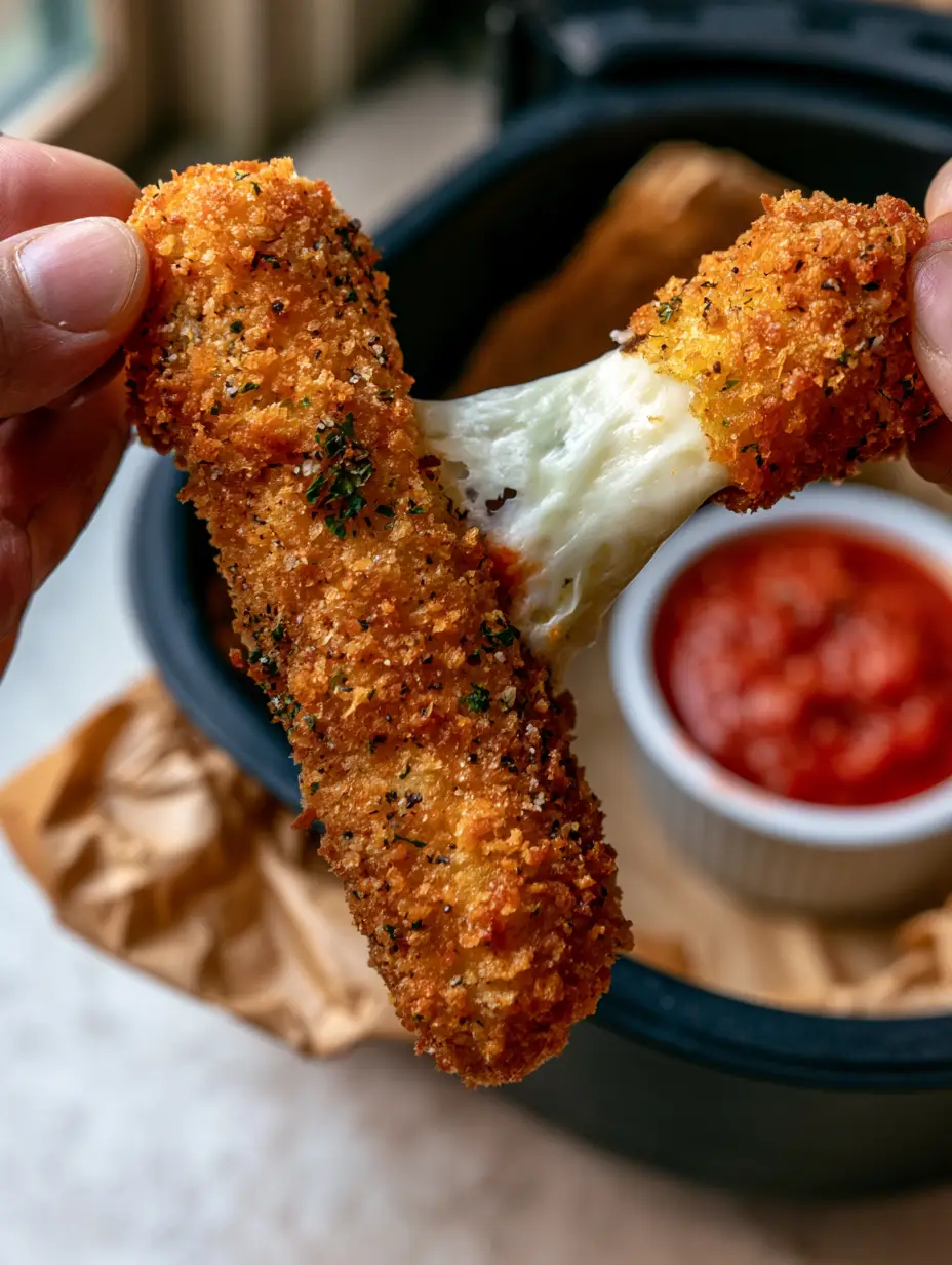 Air Fryer Mozzarella Sticks with a Crispy Double-Breaded Panko Crust 3 Golden brown air fryer mozzarella sticks with visible cracked black pepper and parsley on wrinkled brown parchment paper.