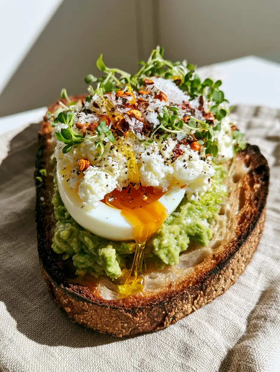 Smartphone photo of toasted sourdough with chunky avocado mash, orange jammy yolk, and micro-greens. (avocado toast recipes)