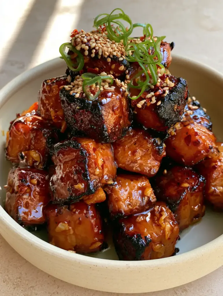 Detailed view of the highly viscous and reflective chili garlic sauce clinging to seared pork loin cubes.