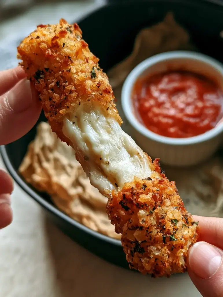 Air Fryer Mozzarella Sticks with a Crispy Double-Breaded Panko Crust 1 A single mozzarella stick being pulled apart to show thick melted cheese, with a ramekin of red marinara in the background.
