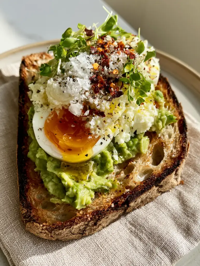 A mountain of finely grated hard-boiled egg snow on top of lime-zested avocado toast.