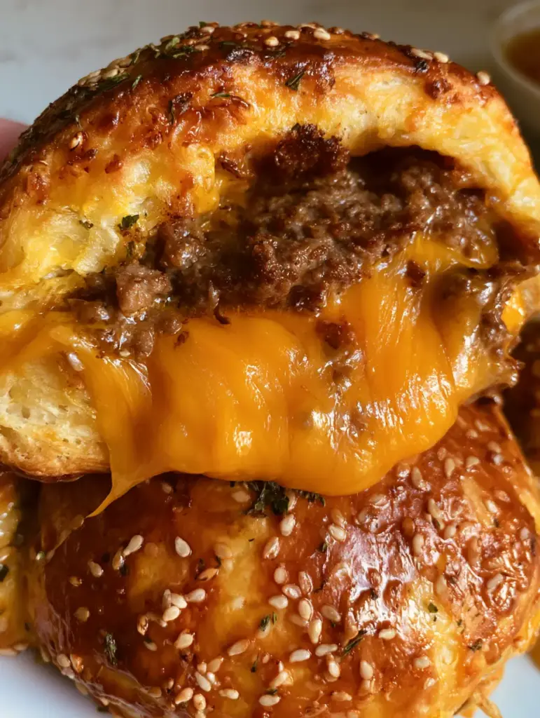 Cheeseburger Bombs with Gooey Cheddar and Garlic Butter Glaze 1 Golden-brown Cheeseburger Bombs glazed with garlic butter and parsley flakes sitting on a kitchen counter.