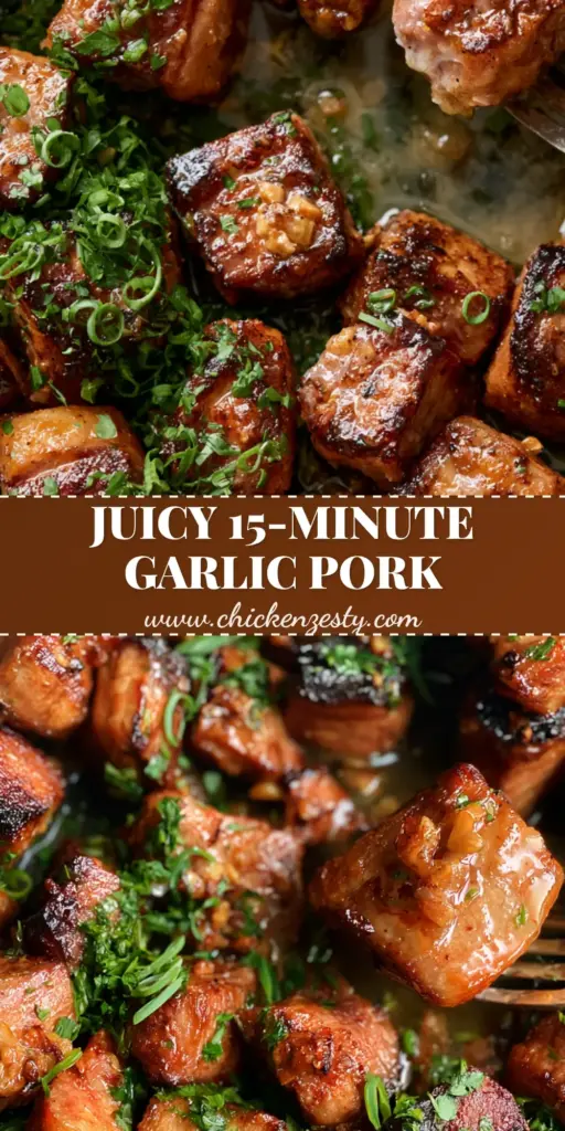 A close-up of a cast iron skillet filled with caramelized garlic butter pork bites garnished with fresh herbs. (garlic butter pork bites)
