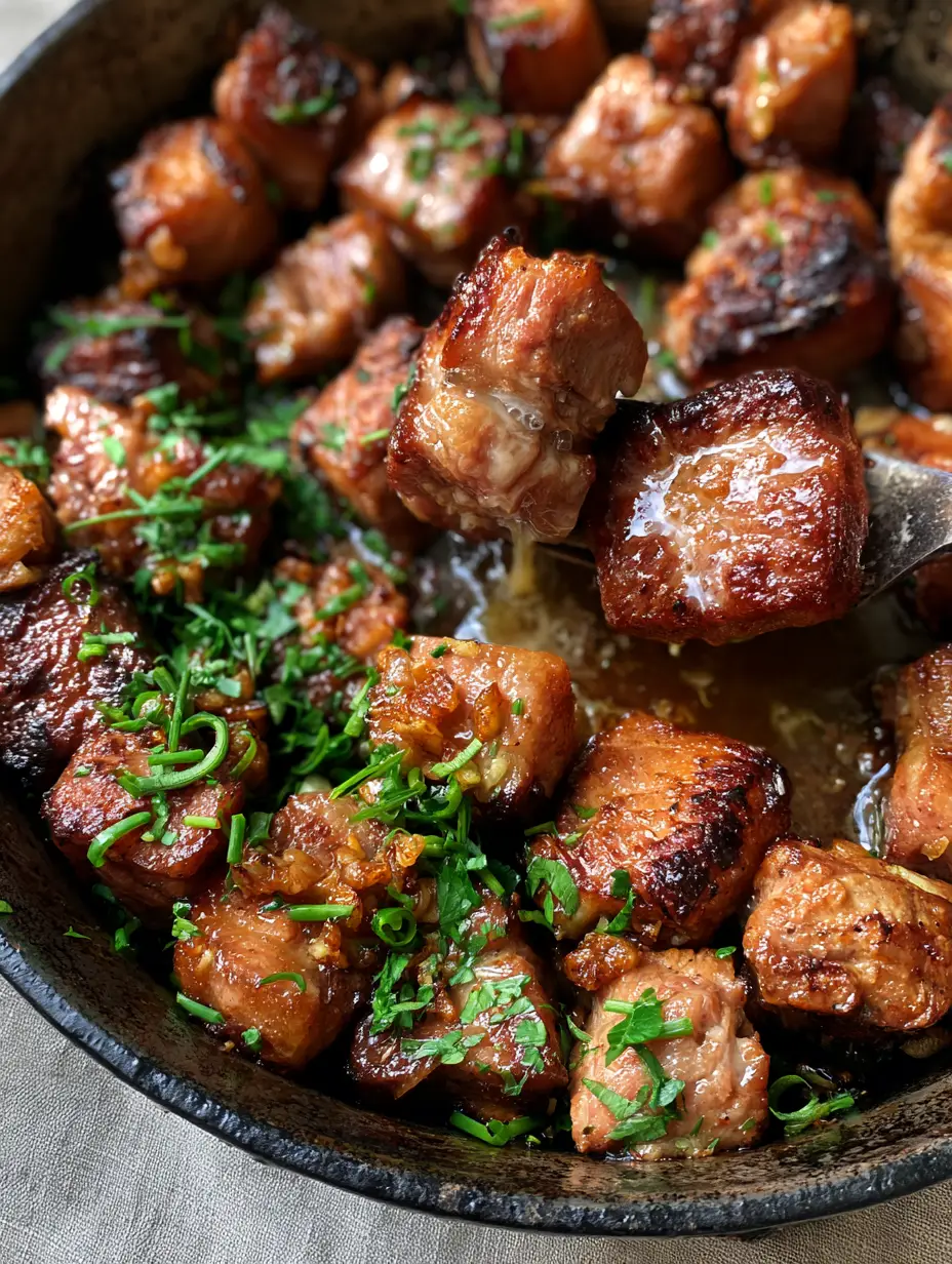 Top down view of seared pork cubes in a cast iron skillet with glistening garlic butter and green herbs. (garlic butter pork bites)